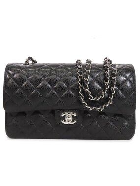 Chanel Chain Black Silver Caviar Leather Quilted 25 Double Flap Shoulder Bag